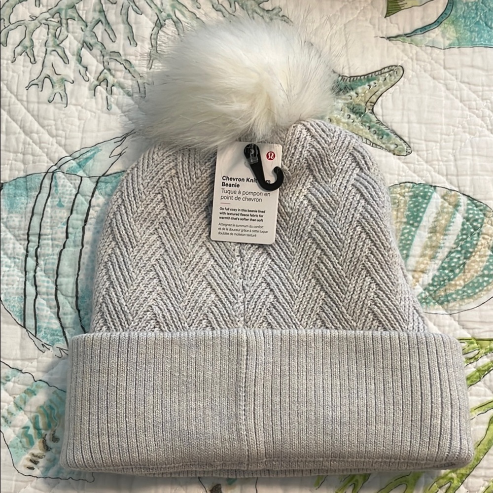 Gray Knit Beanie with White Pom Pom